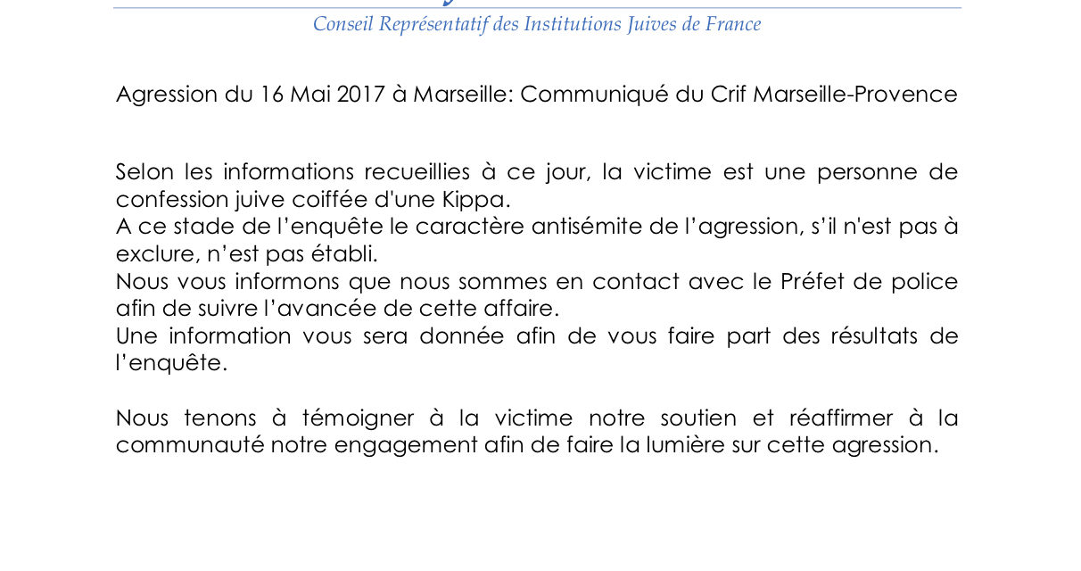 Agression du 16 Mai 2017 à Marseille : Communiqué du Crif Marseille-Provence