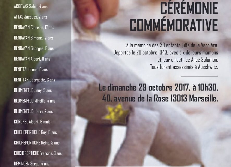 Cérémonie Commémorative de la rafle des enfants juifs du Chateau de la Verdière à Marseille, Dimanche 29 Octobre 2017.